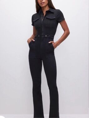 Good American Fit for Success Bootcut Black Denim Jumpsuit Short Sleeve Small
